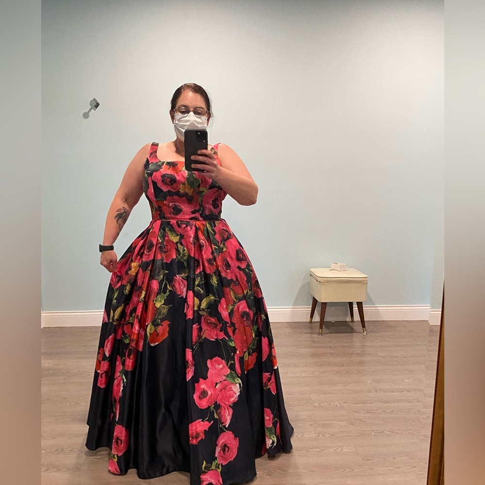 Formal dress, navy/floral, full skirt, size 16